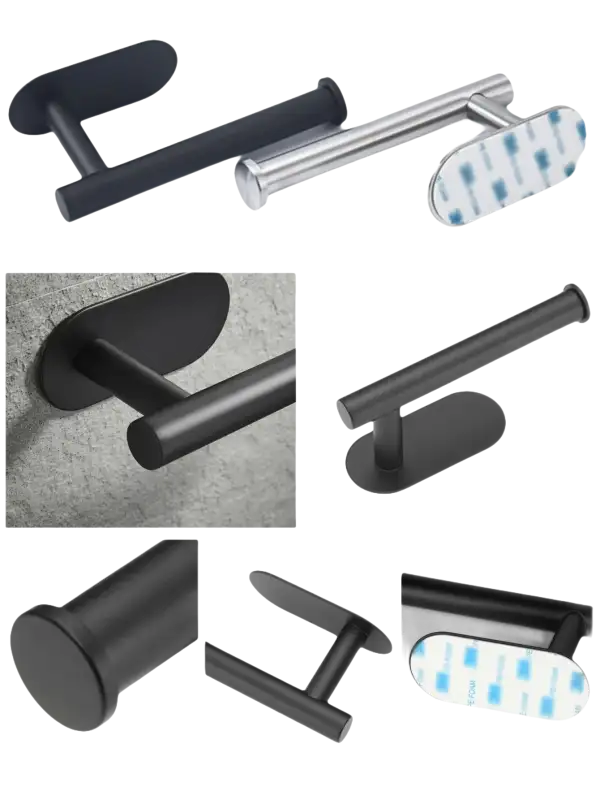 Modern towel bar with adhesive backing.