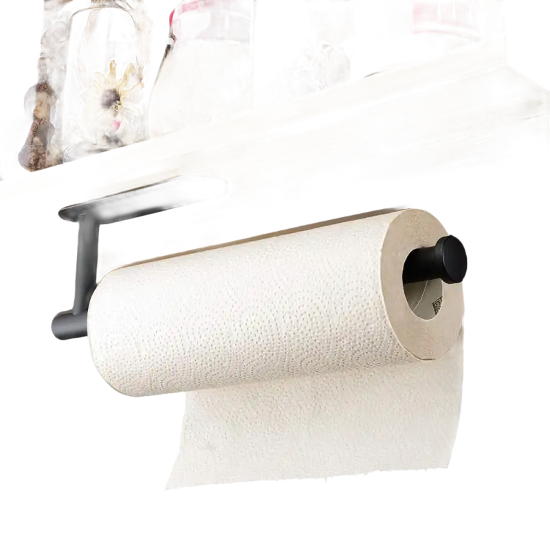 Paper towel roll on a black holder.
