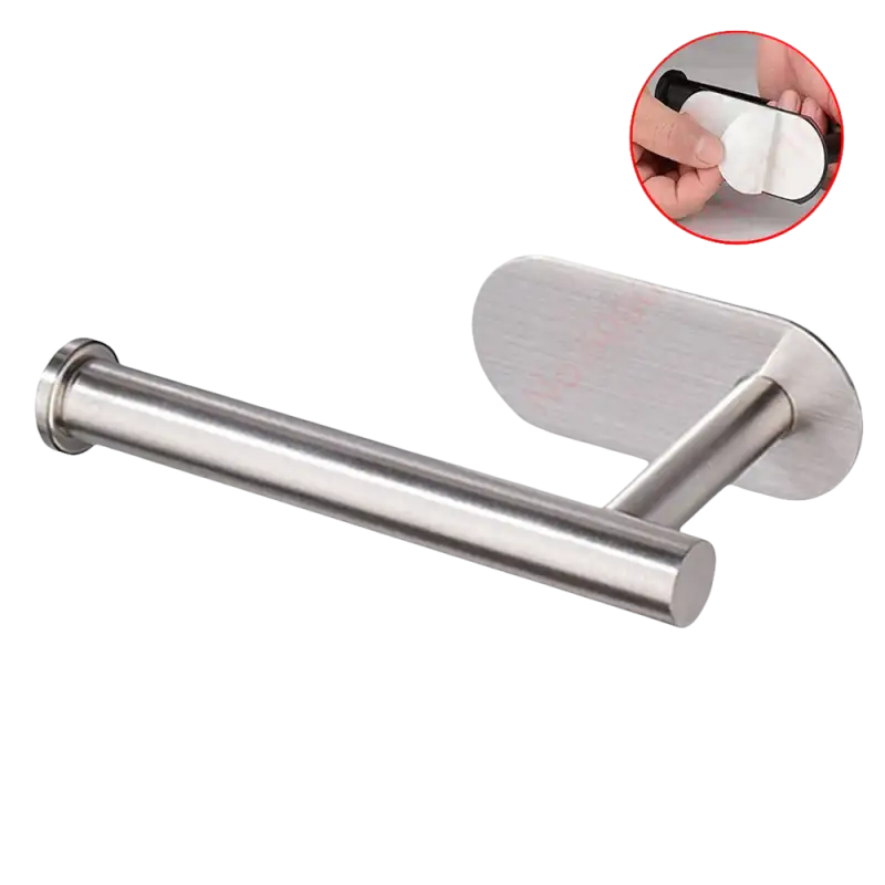 Stainless steel toilet paper holder with adhesive backing.