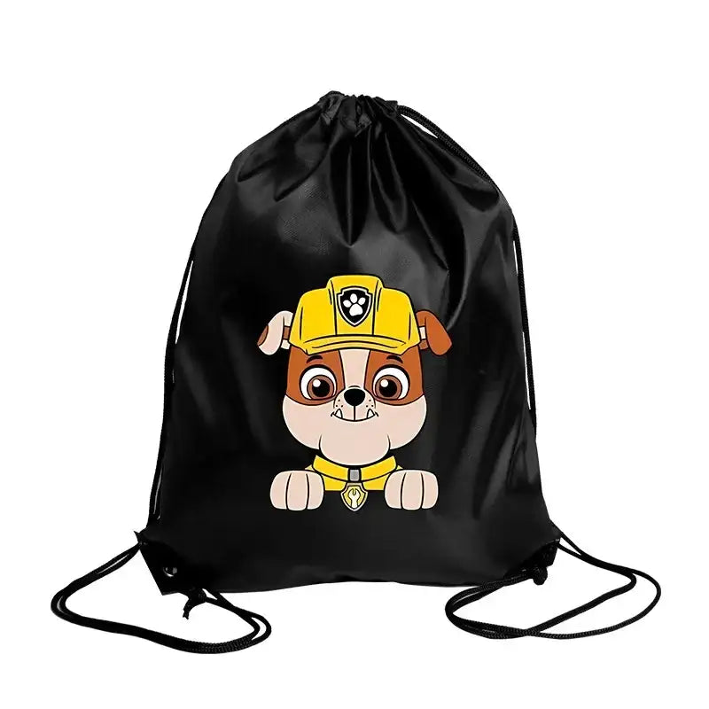 Black drawstring bag with cartoon dog.