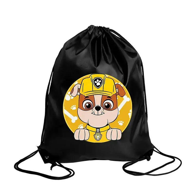 Black drawstring bag with cartoon dog.
