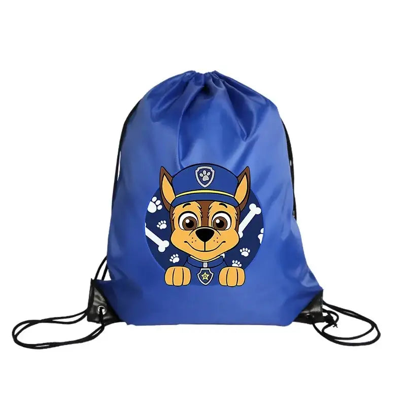 Blue drawstring bag with cartoon dog.