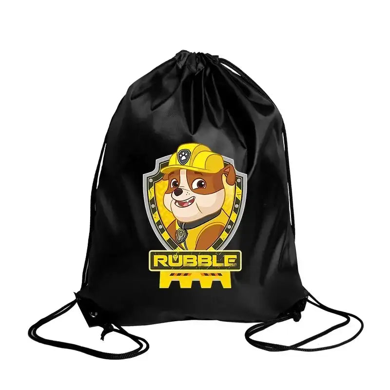 Black drawstring bag with Rubble from Paw Patrol.