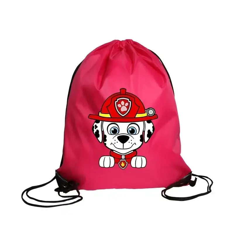 Pink drawstring bag with cartoon dog.