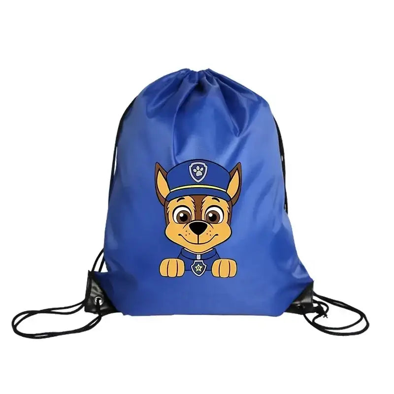 Blue drawstring backpack with cartoon dog.