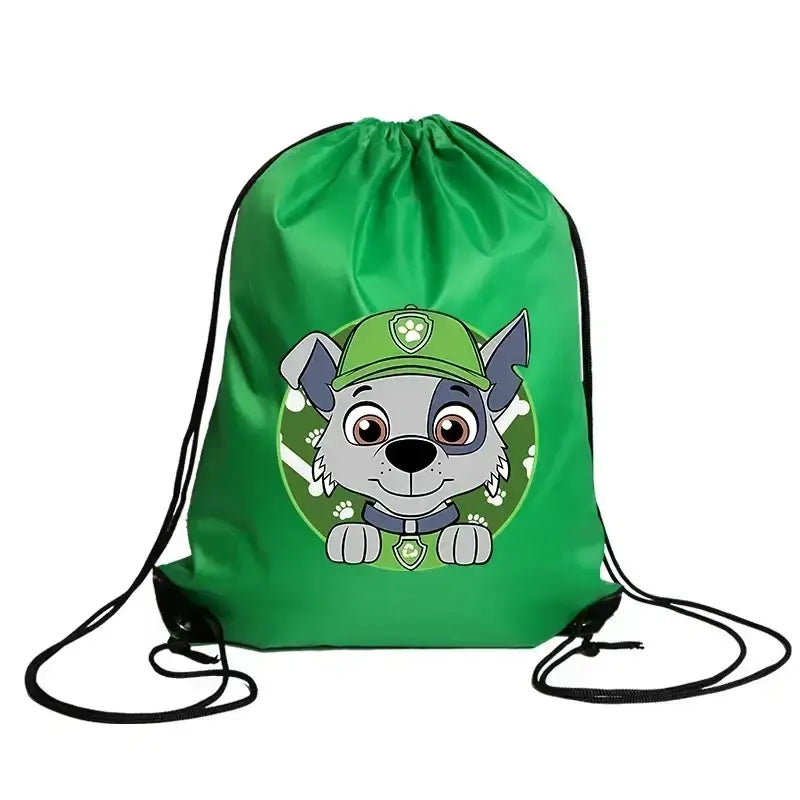 Green drawstring bag with cartoon dog.