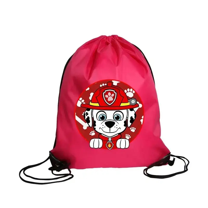 Pink drawstring backpack with cartoon dog.