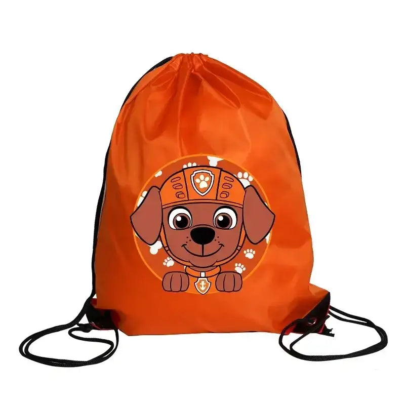 Orange drawstring backpack with cartoon dog.