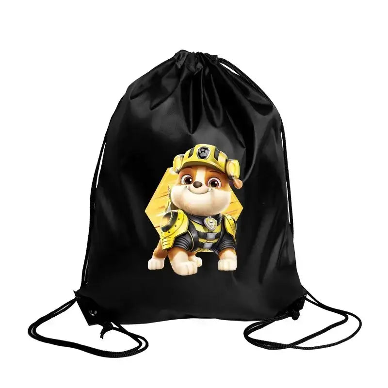 Black drawstring bag with cartoon dog.