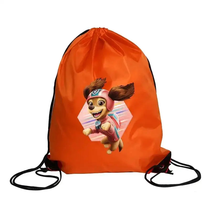 Orange drawstring bag with cartoon dog.