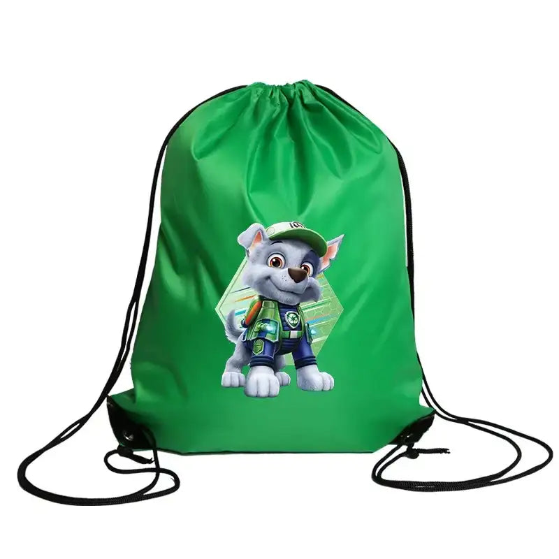 Green drawstring bag with cartoon dog.