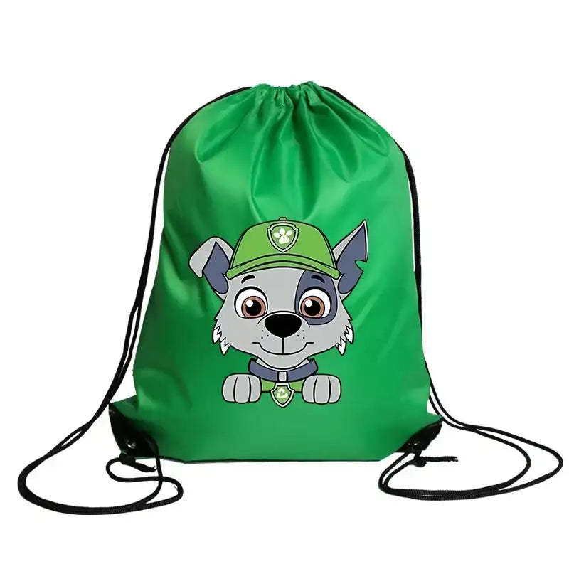 Green drawstring bag with cartoon dog.