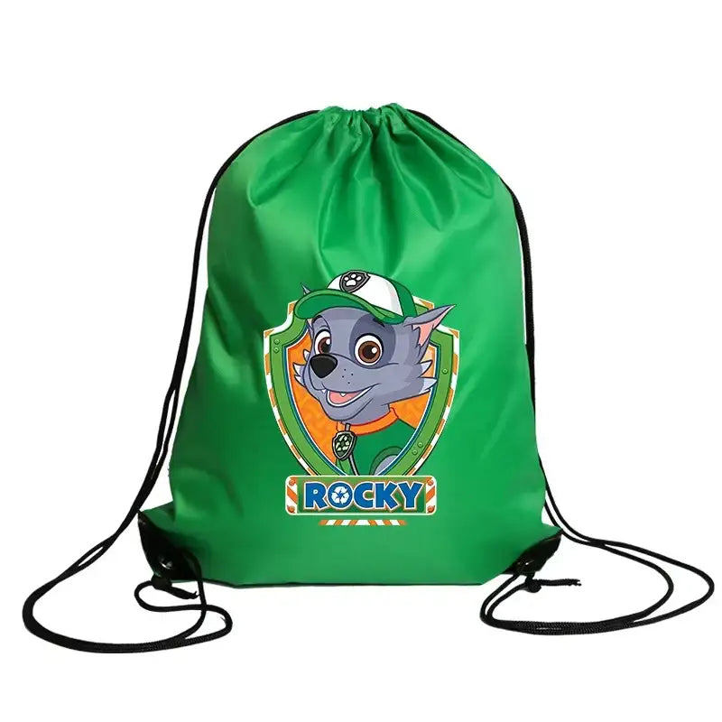 Green drawstring backpack with Rocky from Paw Patrol.