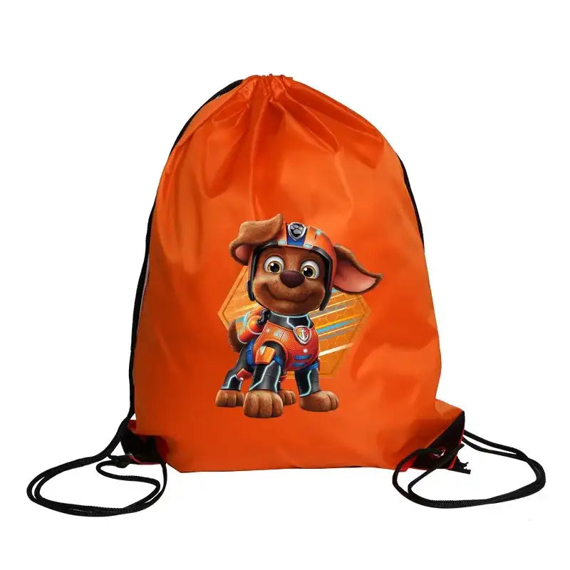 Orange drawstring bag with cartoon dog.
