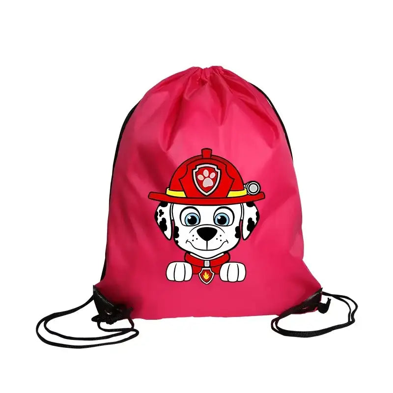 Pink drawstring bag with cartoon dog.