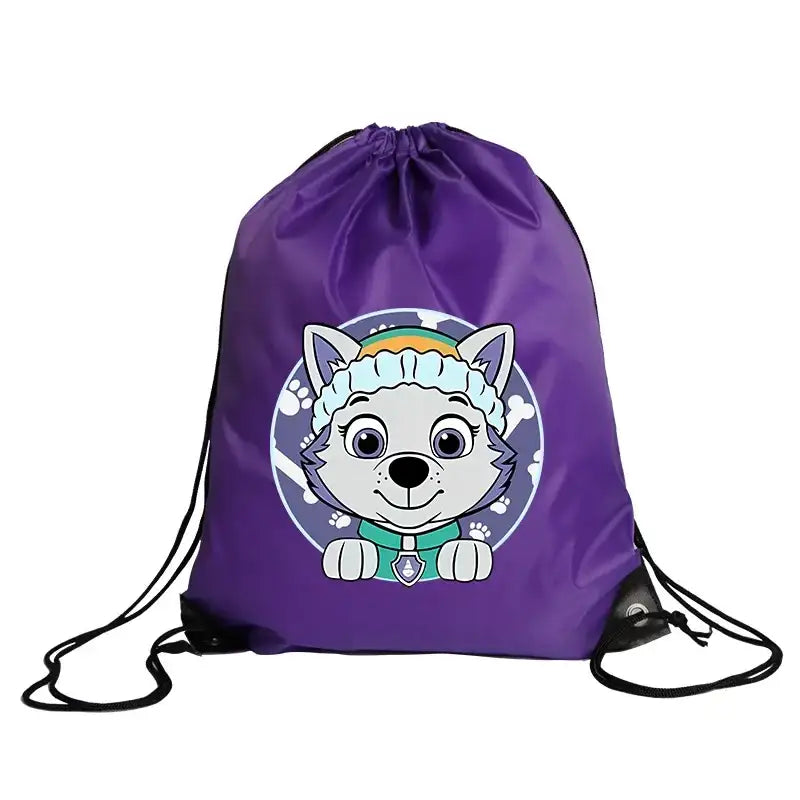 Purple drawstring backpack with cartoon dog.