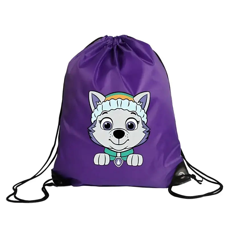 Purple drawstring bag with cartoon dog.