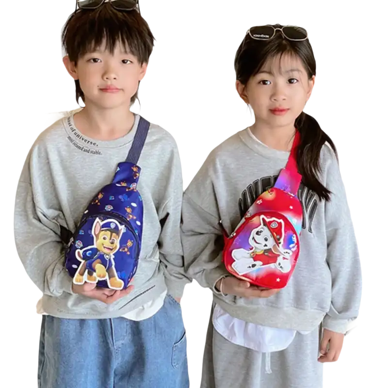 Two children wearing Paw Patrol sling bags.
