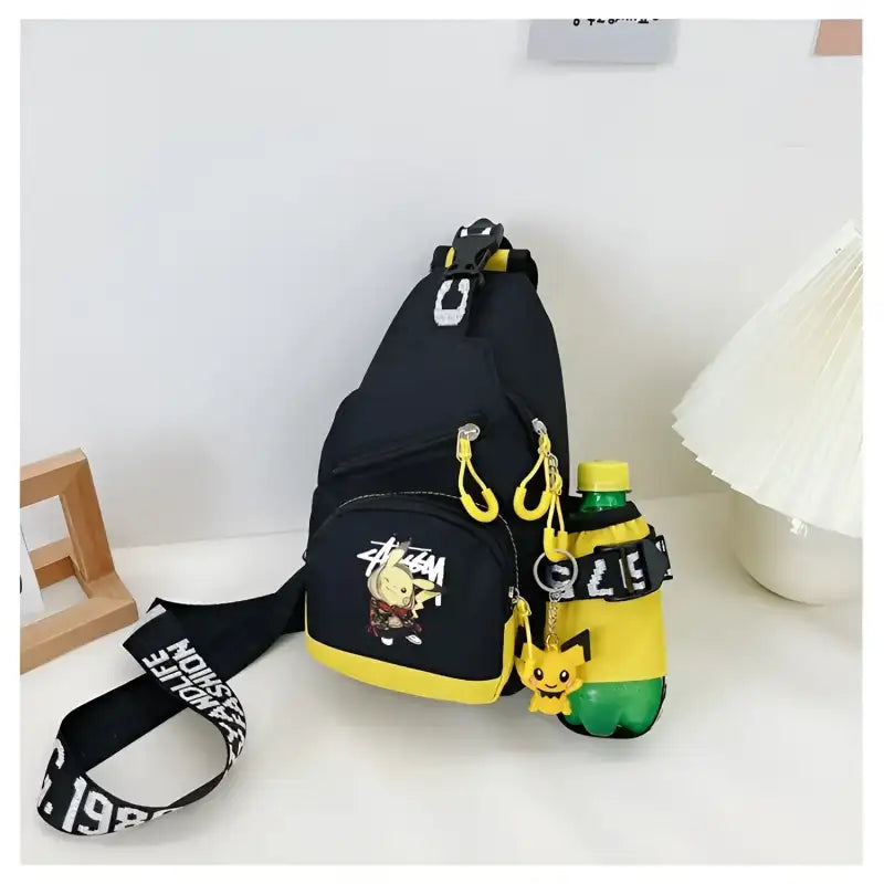 Black sling bag with Pikachu accents.