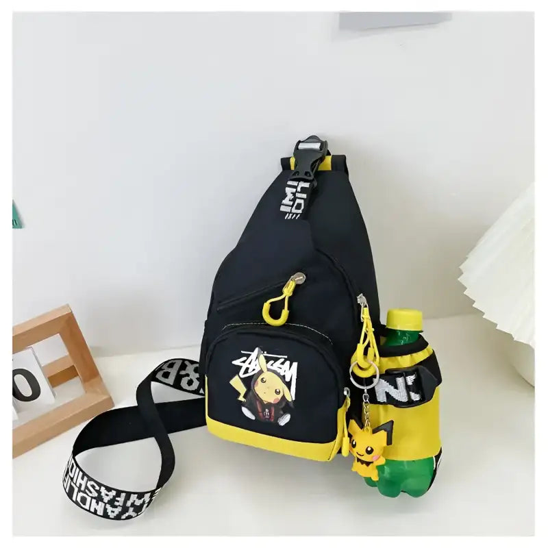 Black sling bag with Pikachu design.