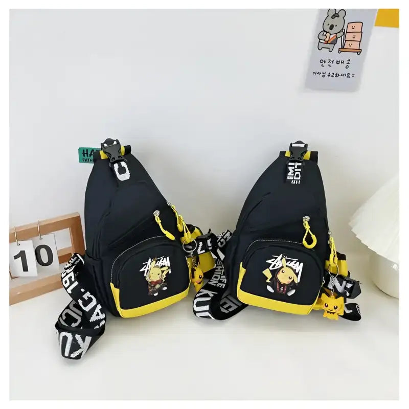 Two black Pikachu sling bags.