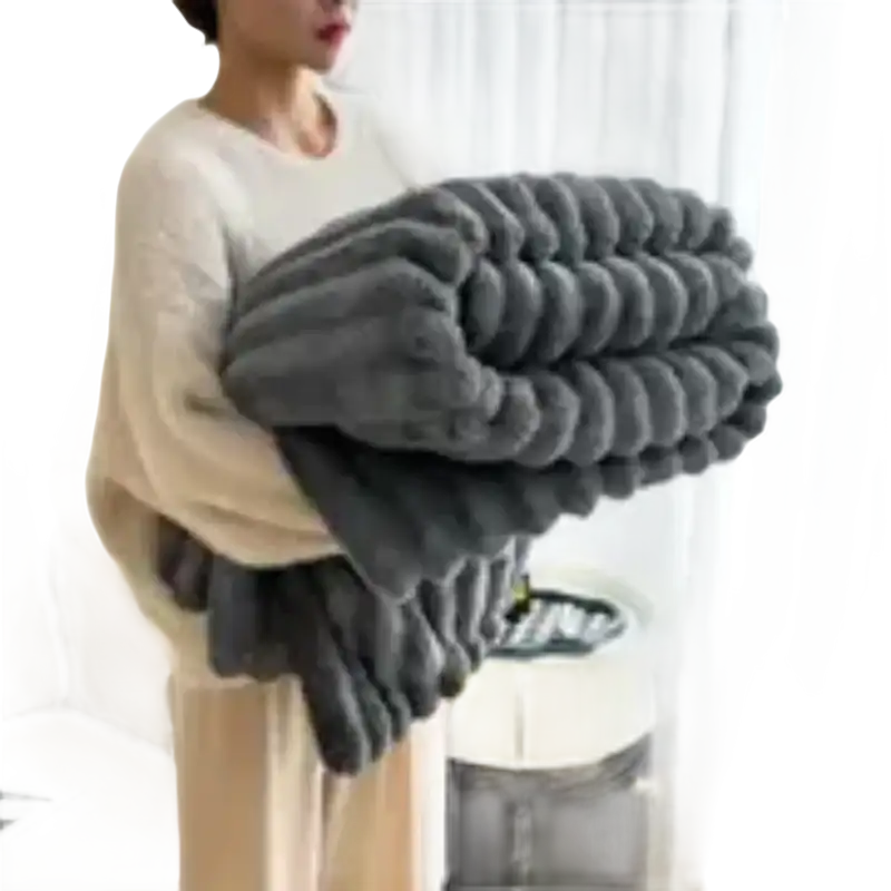 Gray, plush, ribbed blanket.
