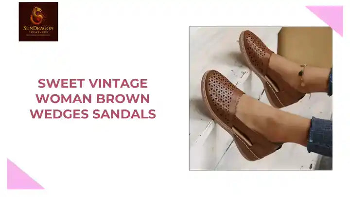 Sweet Vintage Woman Brown Wedges Sandals by@Outfy