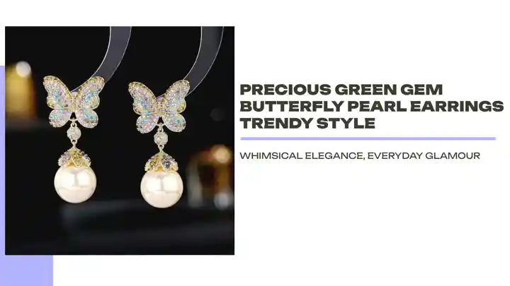 Precious Green Gem Butterfly Pearl Earrings Trendy Style by@Outfy