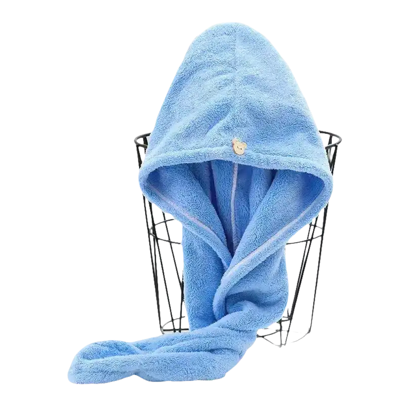 Blue hooded hair towel.