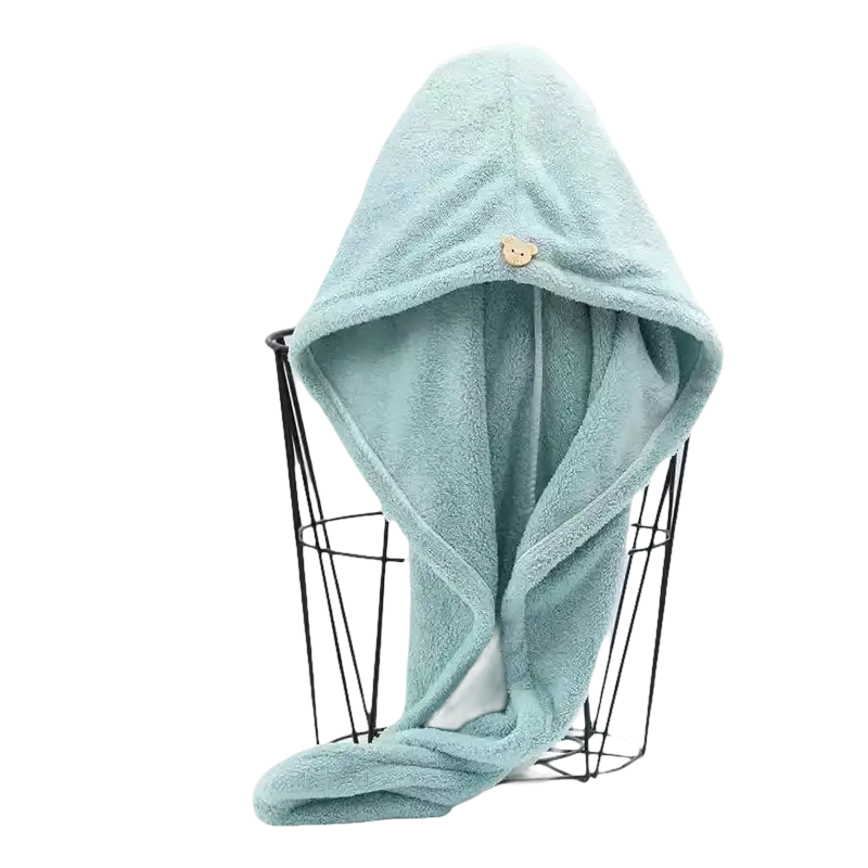 Light blue hooded towel with bear button.