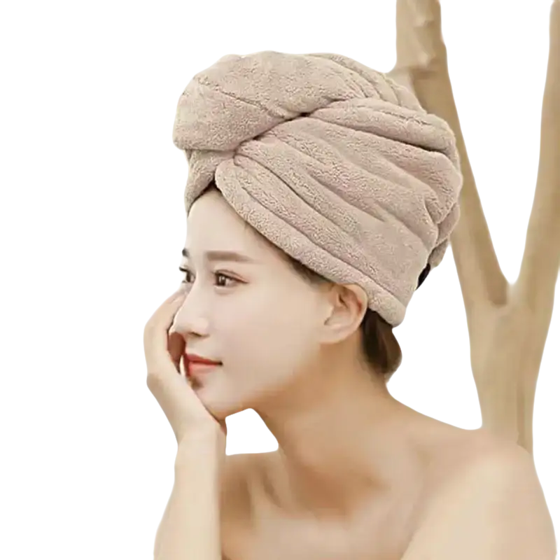 Beige microfiber hair towel.