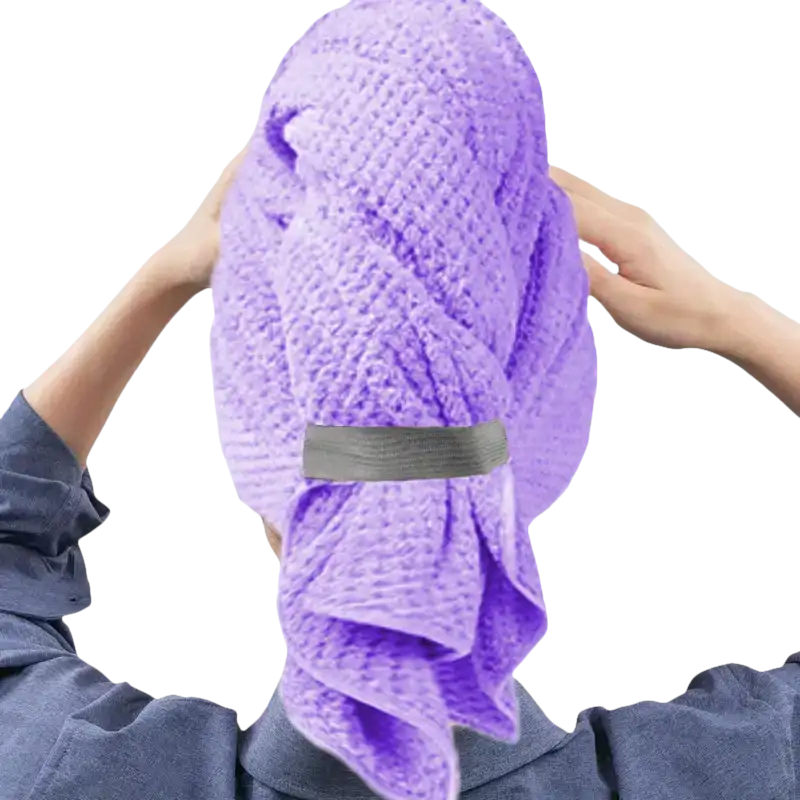 Purple waffle-weave hair towel.