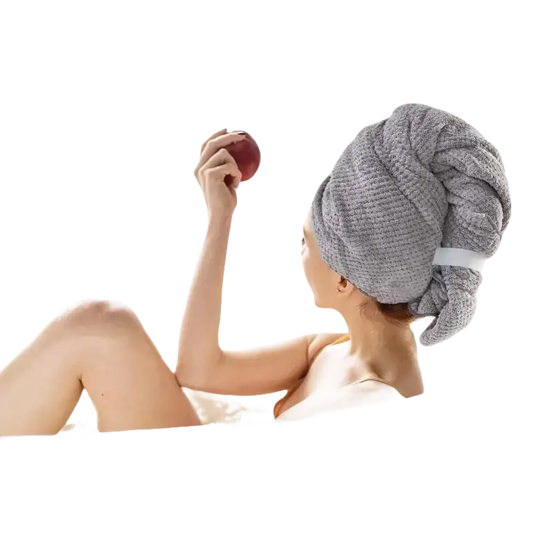 Gray waffle-knit hair towel.