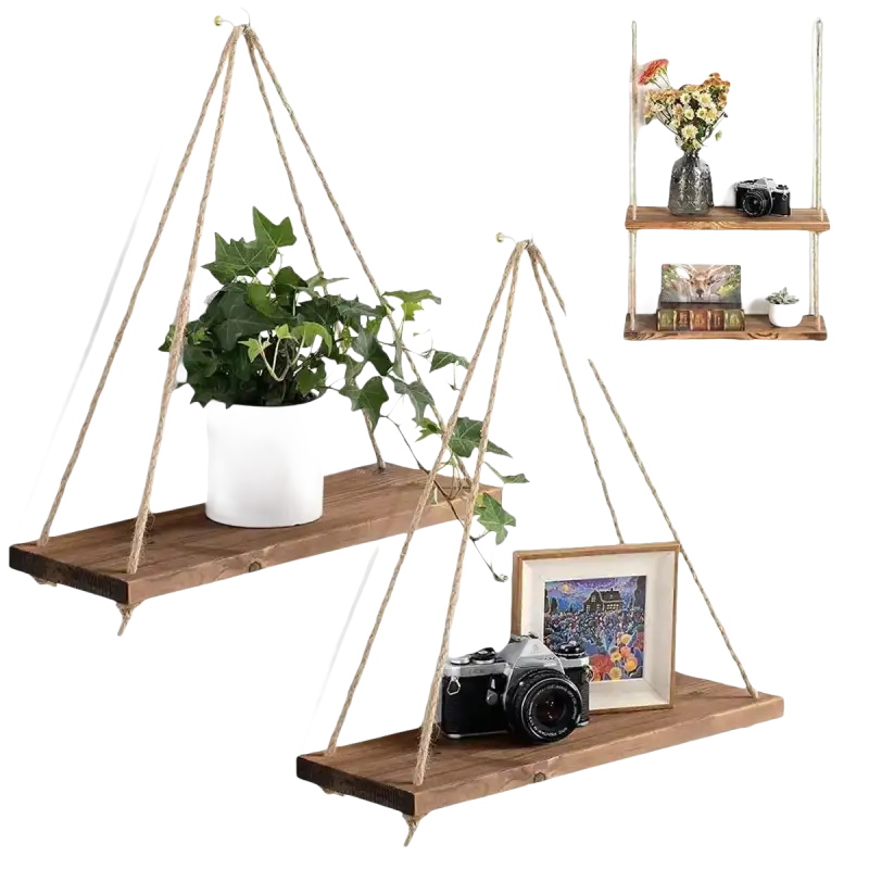 Rustic hemp hanging floating plant shelf that looks trendy like a wooden swing