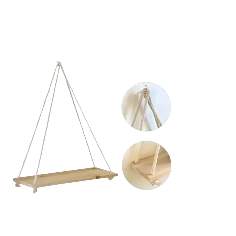 Hanging wooden swing with rustic hemp ropes, perfect for a floating plant shelf