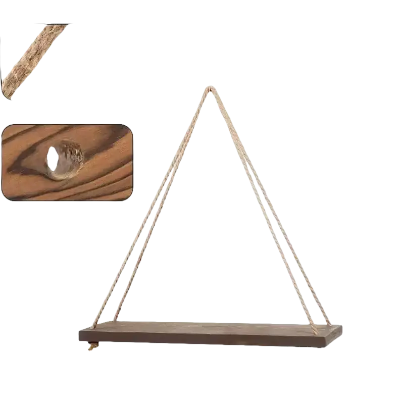 Rustic hemp hanging floating plant shelf that looks like a wooden swing, perfect for your home