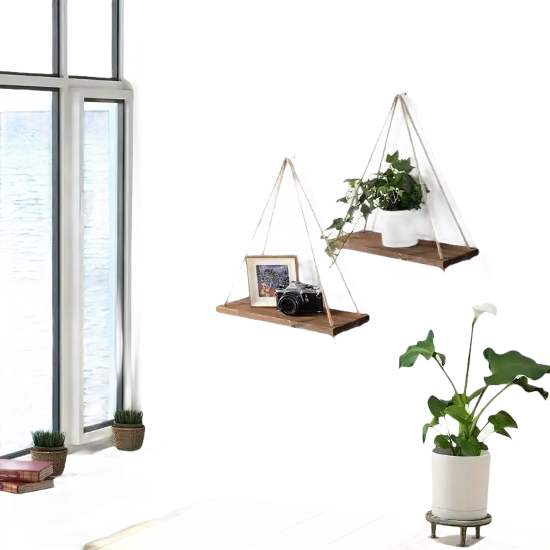 Hanging rustic hemp floating plant shelf designed like a wooden swing for your home
