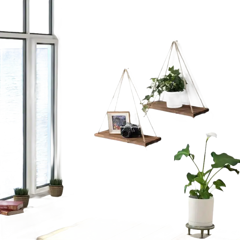 Rustic hemp floating plant shelf hanging like a trendy wooden swing