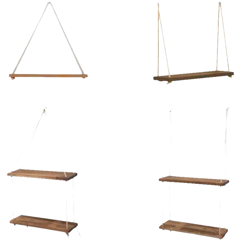 Rustic hemp hanging floating plant shelf that looks like a wooden swing