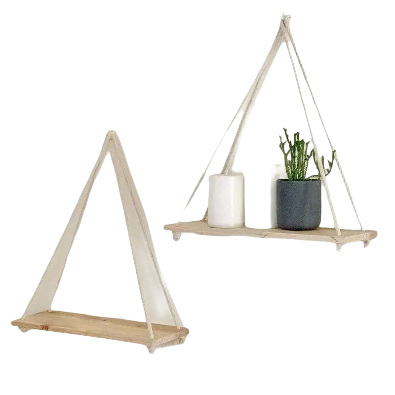 Rustic hemp hanging floating plant shelf with two wooden swing shelves for a cozy vibe