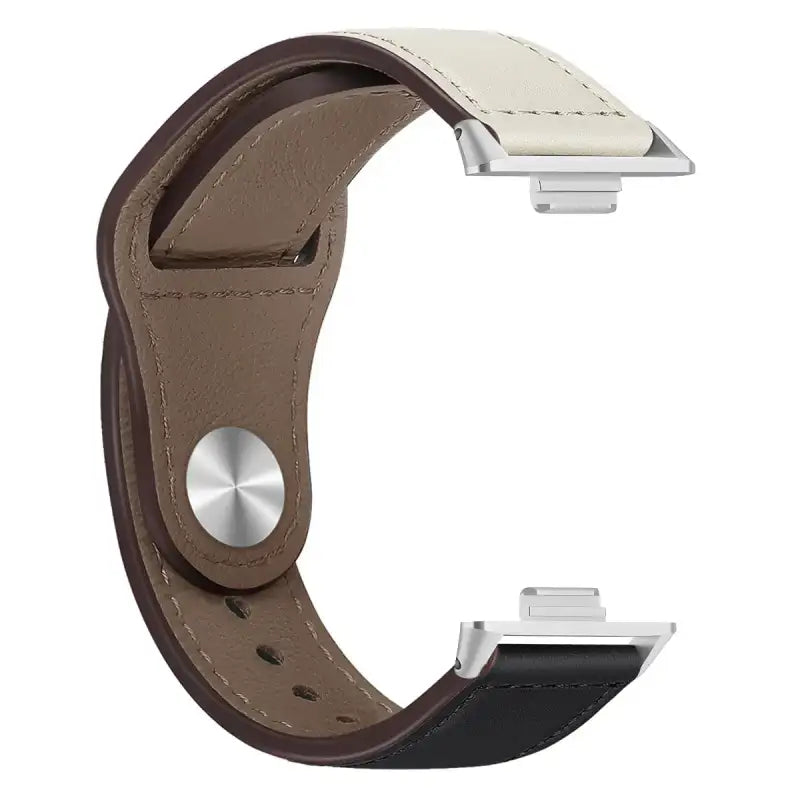 Two-tone leather watch band with metal connectors.
