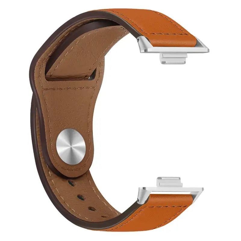 Brown leather watch band with silver connectors.