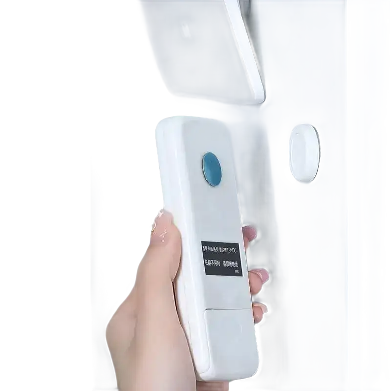White remote control with blue button and screen, designed for Magnetix Wall Hooks wall mount strong magnet system
