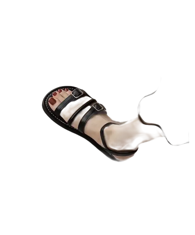 Black leather buckle sandals.