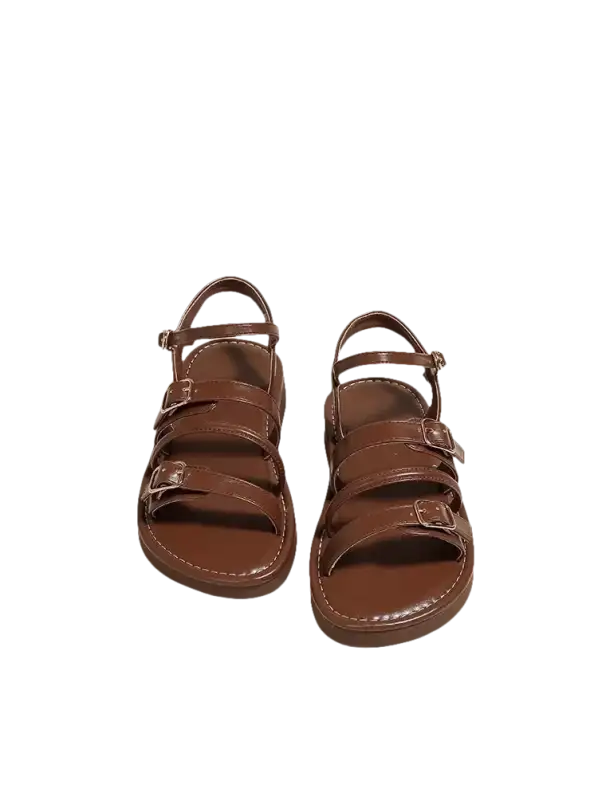 Brown buckled sandals.