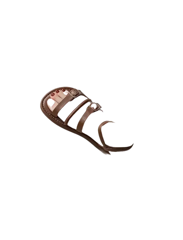 Brown leather sandal with three buckled straps.