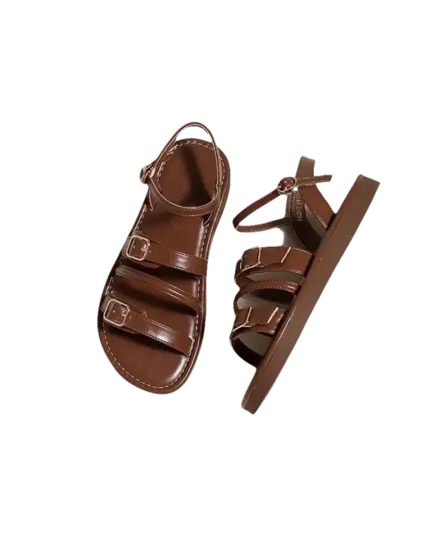 Brown leather buckled sandals.