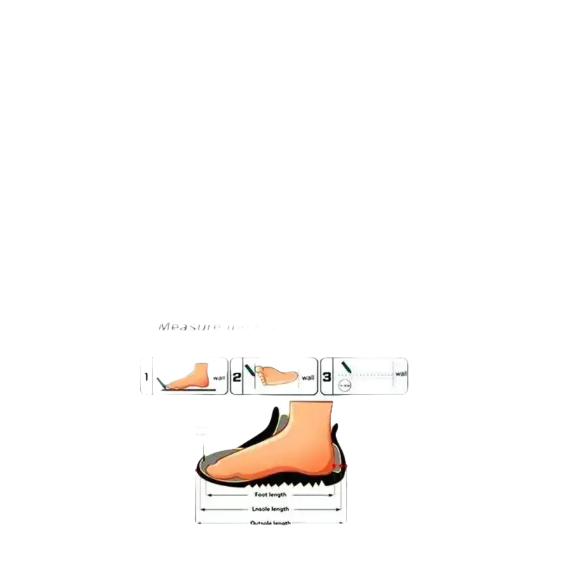 Shoe size chart with foot measurement guide.