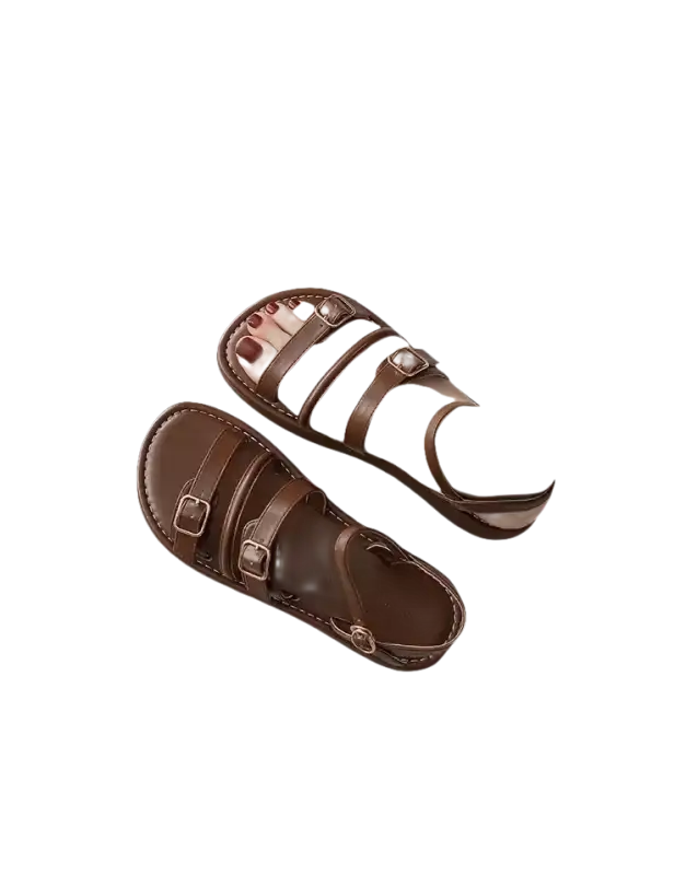Brown leather buckle sandals.