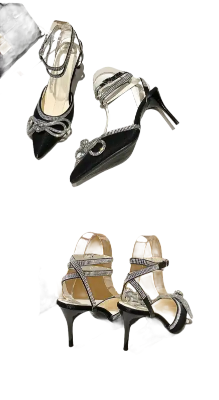 Black high-heeled sandals with rhinestone straps and bow.
